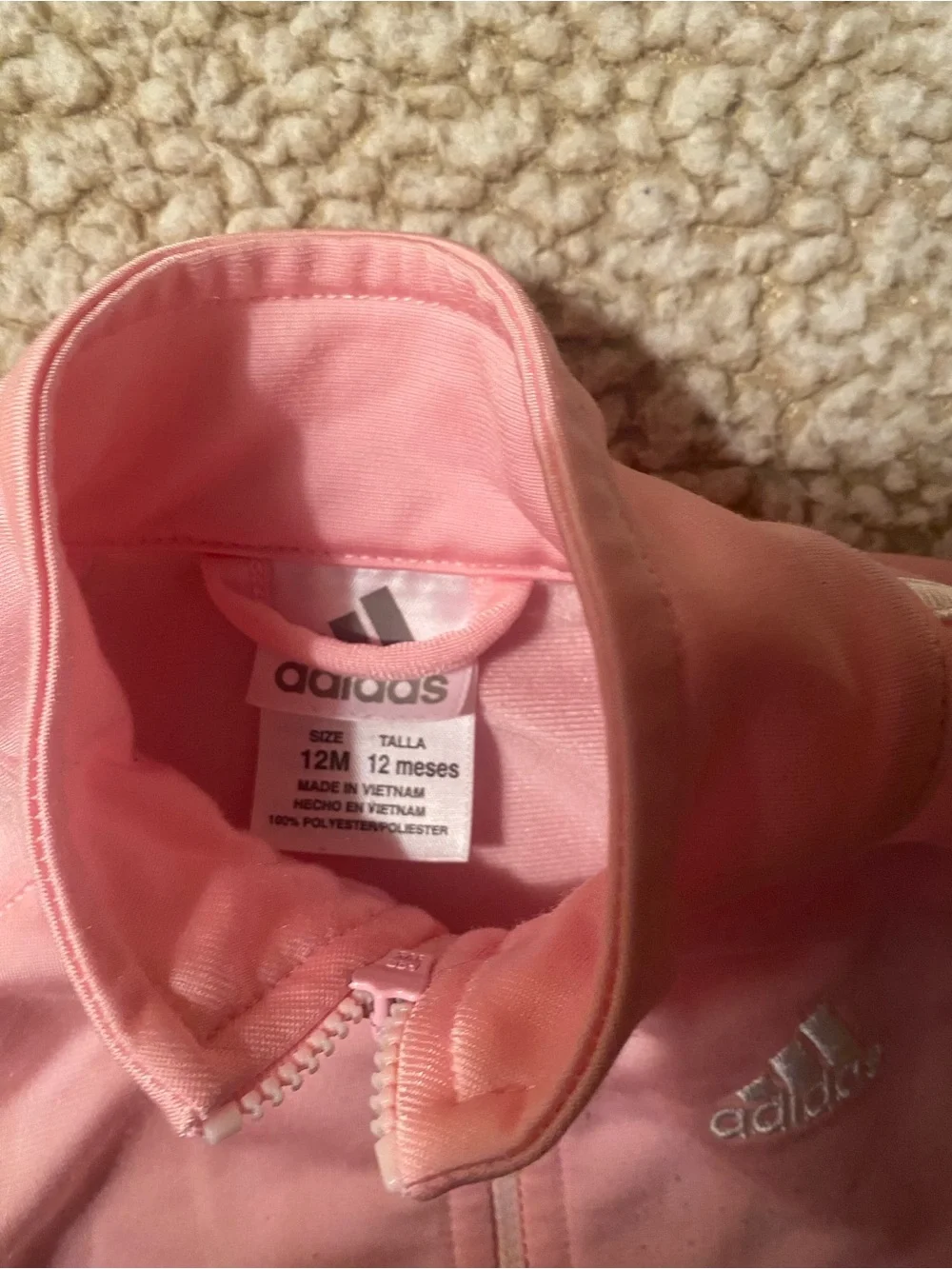 Adidas Pink Track Suit Pants Jacket White Leg Sleeve Stripe Zip Coat 12 Month